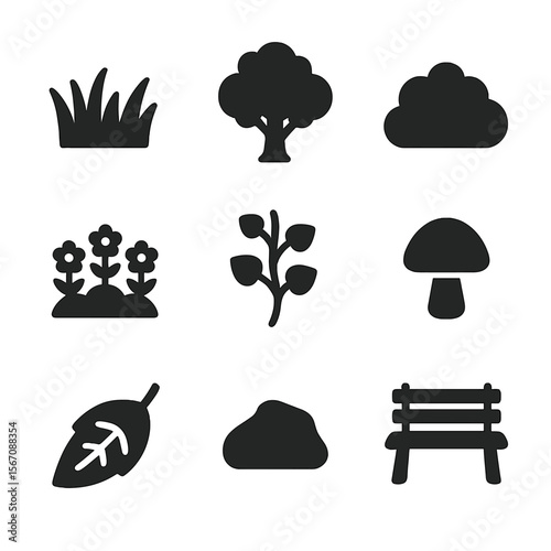 Park Element Icons. Solid, filled icon set of park greenery elements: grass patch, oak tree, bush, flower bed, vine, mushroom,