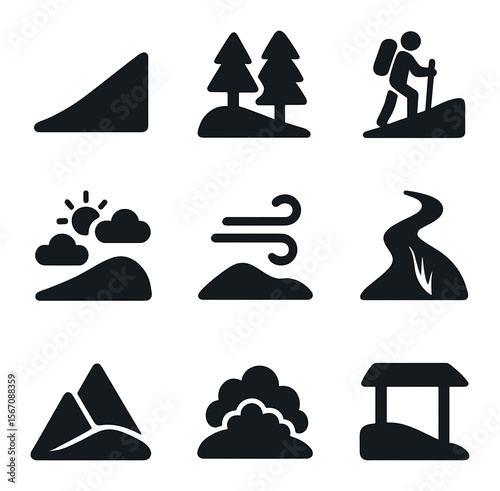 Hilly Icons Grid. Solid, filled icons set of hilly landscapes: upward slope, trees, hiking icon, sky, wind,