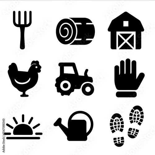 Farm Life Icons. Solid, filled icons set of daily life on the farm: pitchfork, hay bale, barn, chicken,