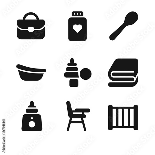 Parenting Essentials Icons. Solid, filled icon set of parenting essentials: diaper bag, baby powder, feeding spoon, baby bath,