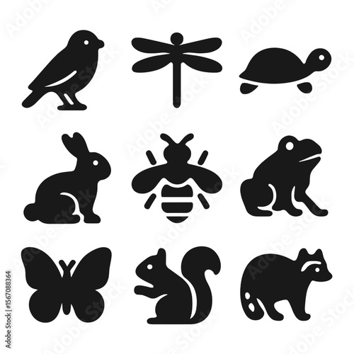 Park Wildlife Icons. Solid, filled icon set of park wildlife: robin bird, dragonfly, turtle, rabbit, bee, frog, butterfly,
