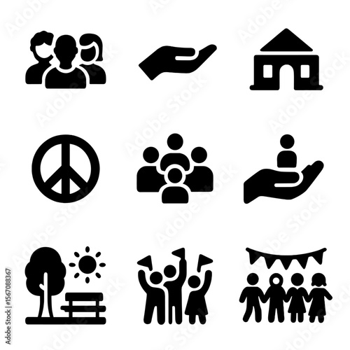 Inclusive Community Icons. Solid, filled icon set of inclusive community: diverse group, hand holding, community building, peace