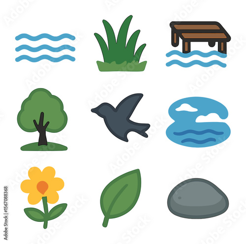 Lakeside Icon Grid. Solid, filled icons set of lakeside green views: water, green grass, small dock, tree,