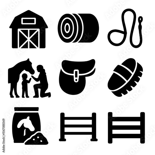 Farm Life Icons. Solid, filled icons set of farm life and equestrian bonding: barn door, hay bale, riding