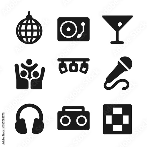 Party Icon Set. Solid, filled icon set of party vocal performance elements: disco ball, DJ turntable, party crowd, cocktail glass,