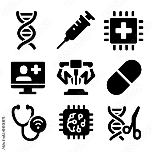 Medical Innovation Icons. Solid, filled icon set of medical innovation: DNA strand, vaccine syringe, health chip, telehealth