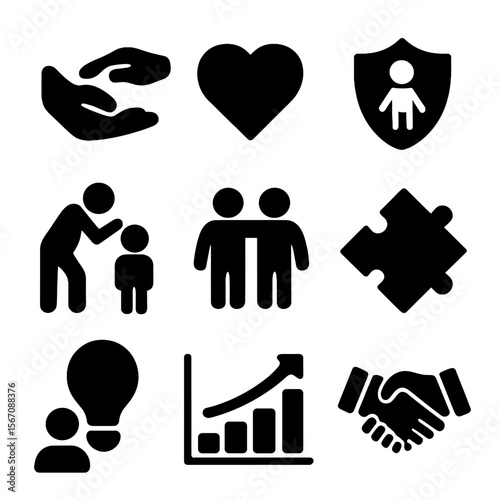 Parental Support Icons. Solid, filled icon set of parental support: helping hands, heart, shield, encouragement, team, puzzle