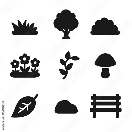 Park Element Icons. Solid, filled icon set of park greenery elements: grass patch, oak tree, bush, flower bed, vine, mushroom,