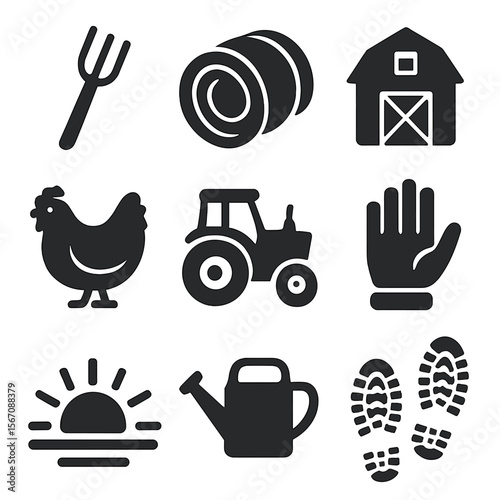 Farm Life Icons. Solid, filled icons set of daily life on the farm: pitchfork, hay bale, barn, chicken,