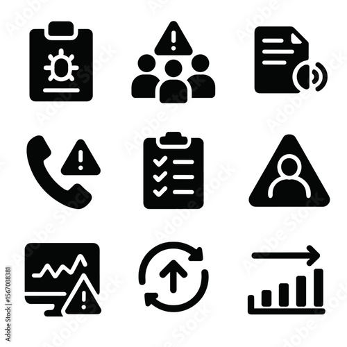 Incident Management Icons. Solid, filled icon set of incident management: report form, crisis team, communication plan, emergency