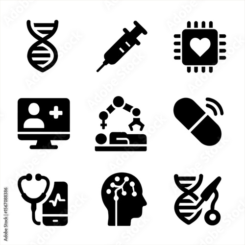 Medical Innovation Icons. Solid, filled icon set of medical innovation: DNA strand, vaccine syringe, health chip, telehealth