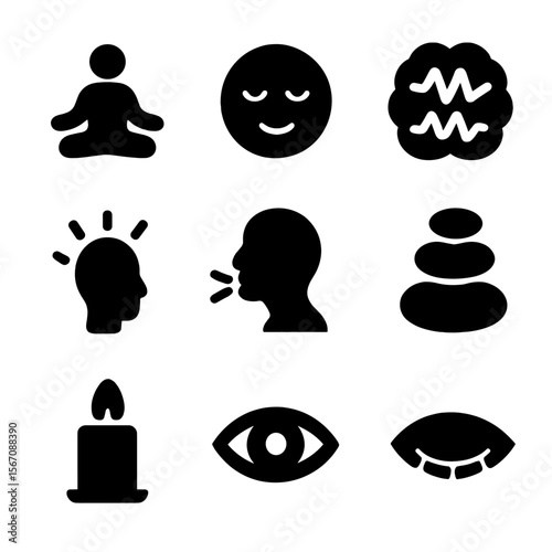 Meditative Icon Set. Solid, filled icon set of meditative states: lotus pose, calm face, brain waves, mindfulness, breathing, zen