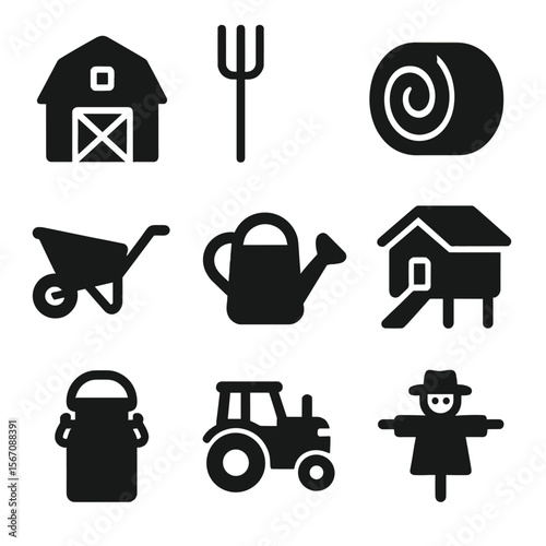 Farm Life Icons. Solid, filled icons set of family farm life and traditional agricultural practices: barn,