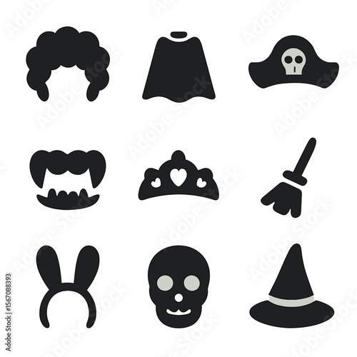 Party Costume Icons. Solid, filled icon set of party costumes: clown wig, superhero cape, pirate hat, vampire teeth, princess