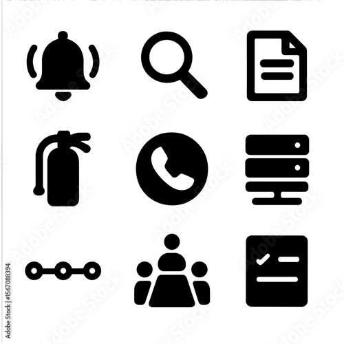 Incident Response Icons. Solid, filled icon set of incident response: alert bell, investigation magnifier, report document, fire