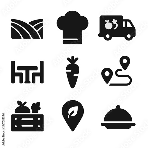 Farm-to-Table Icons. Solid, filled icons set of farm-to-table supply: field icon, chef hat, produce truck,