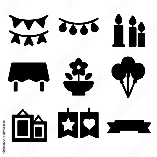 Party Decoration Icons. Solid, filled icon set of party decorations: bunting flags, fairy lights, candles, tablecloth, centerpiece
