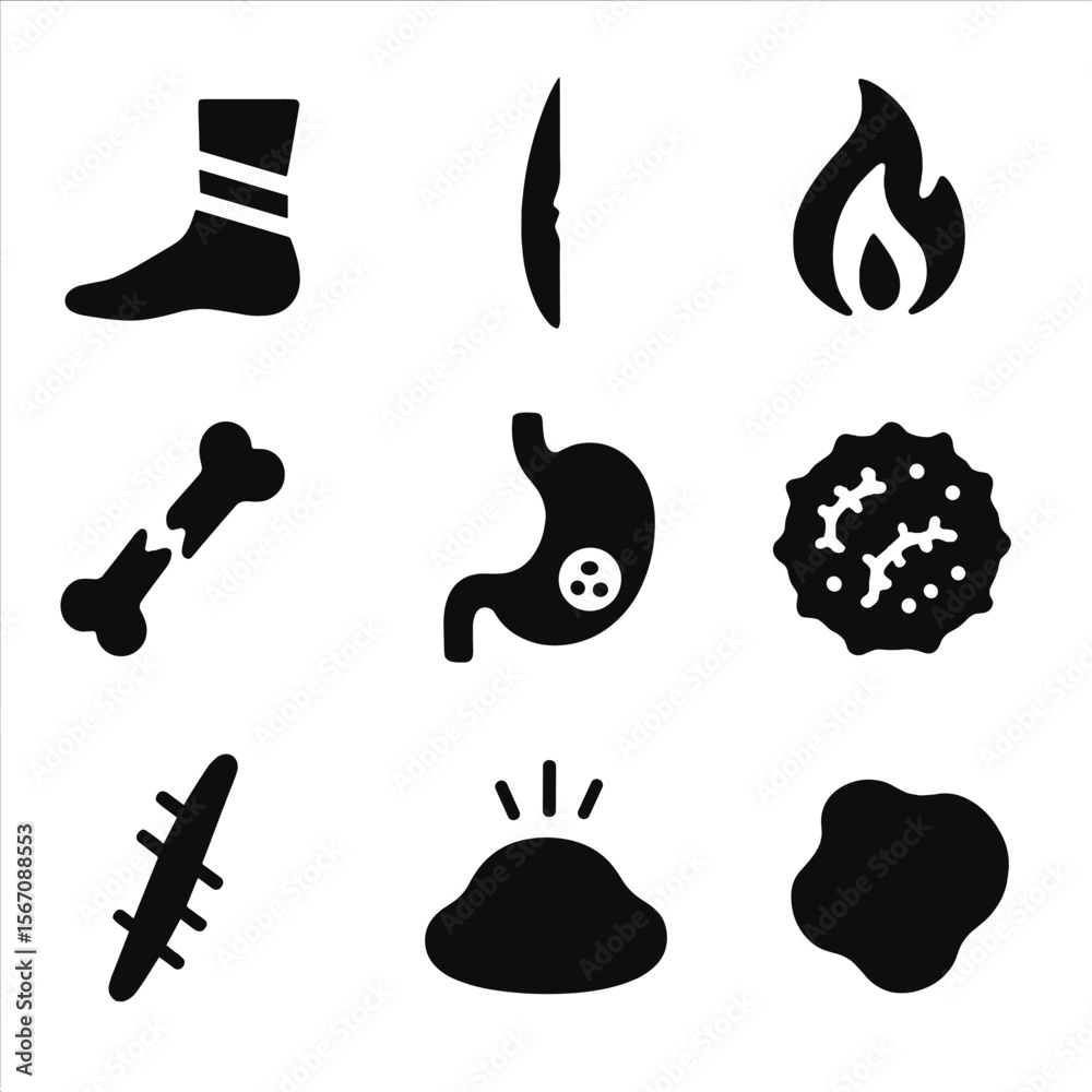 Injury Icon Grid. Solid, filled icon set of common injuries with slow healing: sprained ankle, deep cut, burn, fracture, ulcer, Injury Icon Grid. Solid, filled icon set of common injuries with slow healing: sprained ankle, deep cut, burn, fracture, ulcer,
