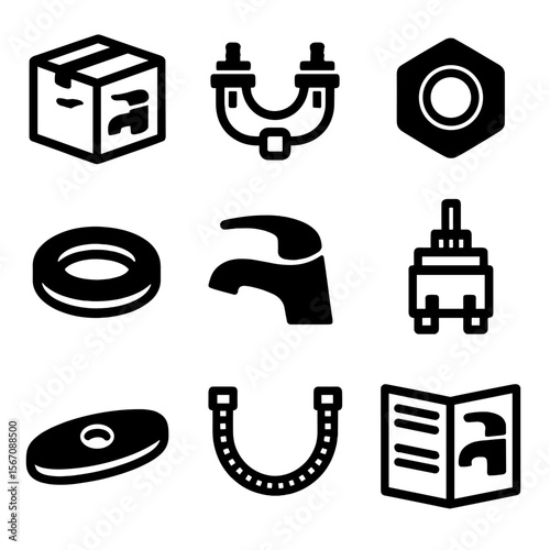 Faucet Replacement Icons. Solid, filled icons set of faucet replacement tasks: new faucet box, mounting