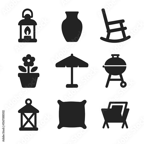Patio Decor Icons. Solid, filled icon set of patio outdoor decor: candle holder, stone vase, rocking chair, flower pot, umbrella