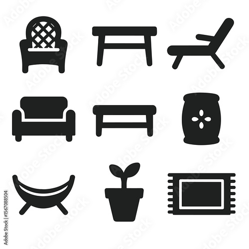 Patio Furniture Icons. Solid, filled icon set of patio furniture: wicker chair, wooden table, reclining chair, outdoor sofa,