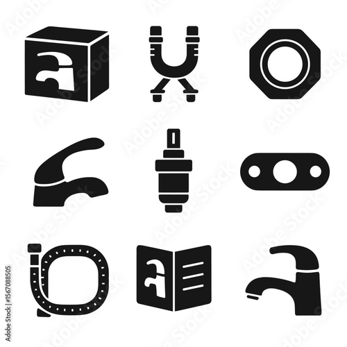 Faucet Replacement Icons. Solid, filled icons set of faucet replacement tasks: new faucet box, mounting