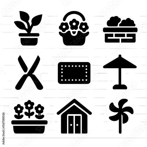 Patio Plant Icon Set. Solid, filled icon set of arranging potted plants on a patio or deck: leafy plant, flower basket, stone