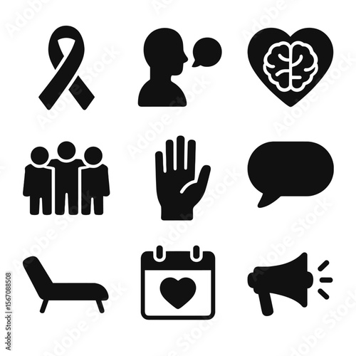 Mental Health Icon Set. Solid, filled icon set of mental health advocacy: awareness ribbon, speaking figure, heart with brain,
