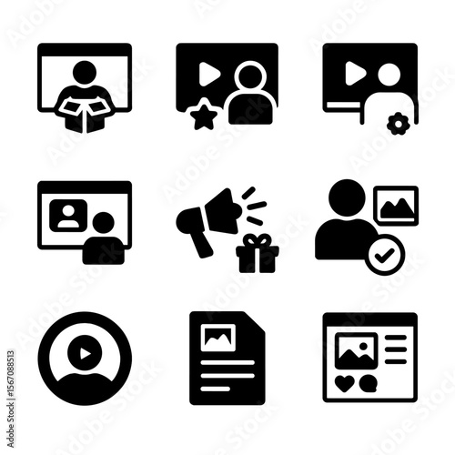 Influencer Marketing Icons. Solid, filled icon set of influencer marketing content types: unboxing video, product review, tutorial