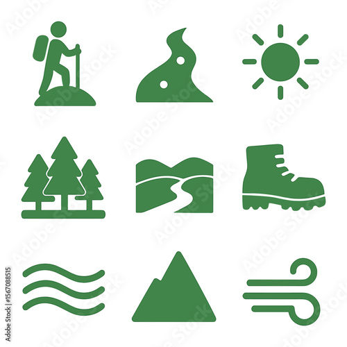 Hiker Icons Grid. Solid, filled icons set of hiker’s landscape view: hilltop, trail line, sun icon, trees