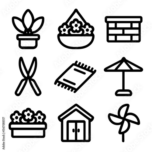 Patio Plant Icon Set. Solid, filled icon set of arranging potted plants on a patio or deck: leafy plant, flower basket, stone
