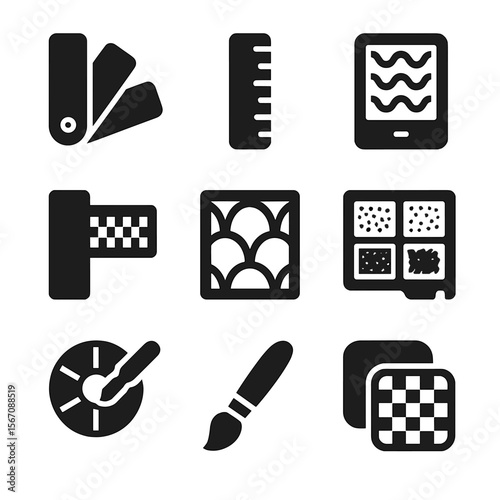 Pattern Tool Icons. Solid, filled icon set of pattern matching tools: swatch book, pattern ruler, digital pattern tablet, seam