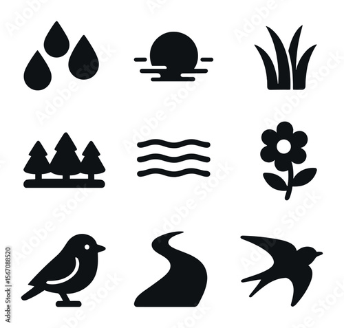 Morning Fields Icon Set. Solid, filled icons set of early morning fields: dew drops, soft light, grass, tree