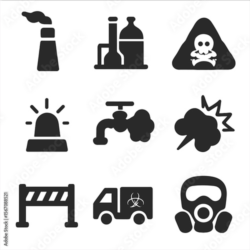Industrial Hazard Icons. Solid, filled icon set of industrial chemical hazards: factory chimney, chemical plant, toxic waste pile,