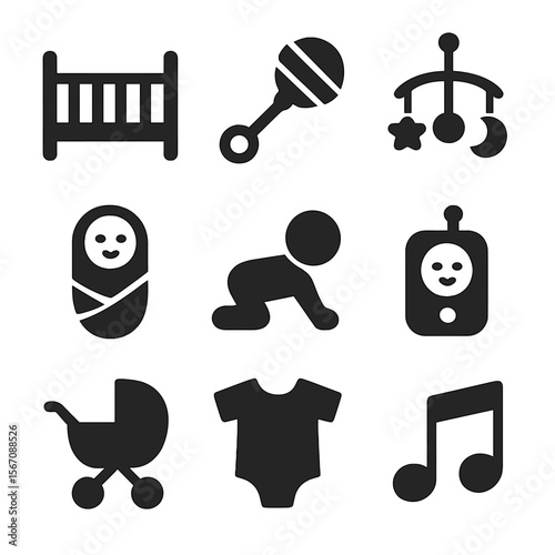 Infant Icon Grid. Solid, filled icon set of infant development: crib, rattle, baby mobile, swaddle blanket, crawling baby, baby