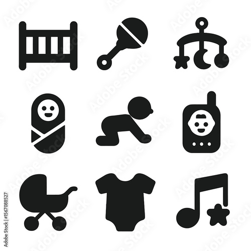 Infant Icon Grid. Solid, filled icon set of infant development: crib, rattle, baby mobile, swaddle blanket, crawling baby, baby