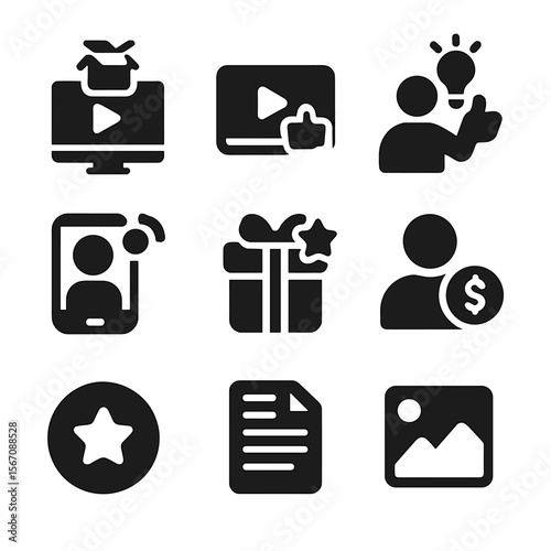 Influencer Marketing Icons. Solid, filled icon set of influencer marketing content types: unboxing video, product review, tutorial
