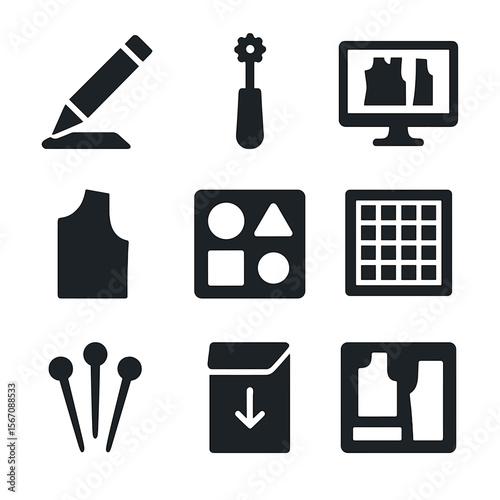 Pattern Tool Icons. Solid, filled icon set of pattern creation tools: fabric pencil, tracing wheel, pattern software, cutout