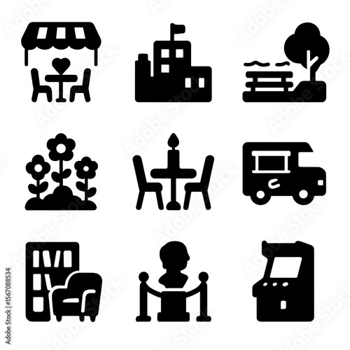 Favorite Date Icons. Solid, filled icons set of favorite date settings: cozy cafe, city rooftop, lakeside