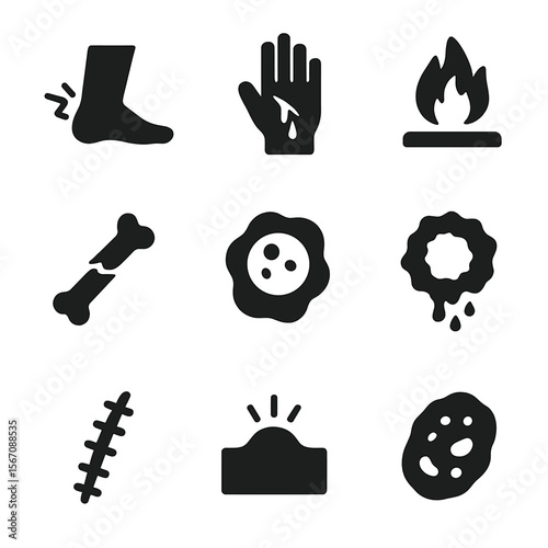 Injury Icon Grid. Solid, filled icon set of common injuries with slow healing: sprained ankle, deep cut, burn, fracture, ulcer,
