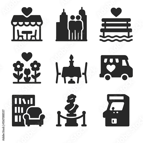 Favorite Date Icons. Solid, filled icons set of favorite date settings: cozy cafe, city rooftop, lakeside