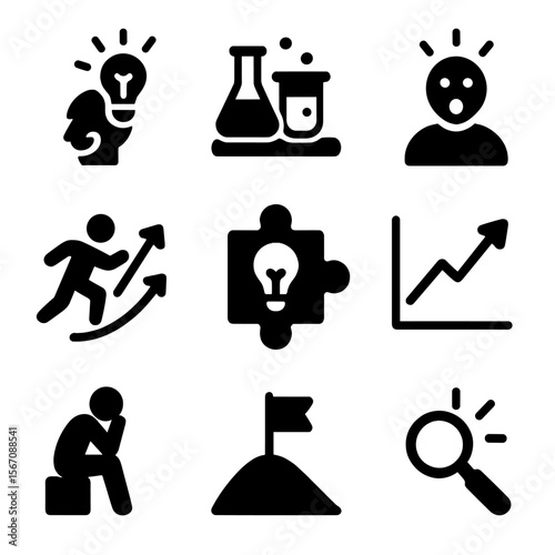 Innovation Icon Grid. Solid, filled icon set of breakthrough innovation moments: eureka icon, research lab, unexpected results,