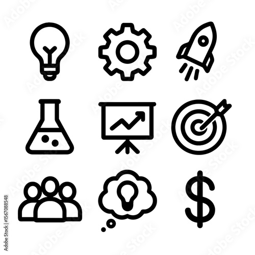 Innovation Icon Grid. Solid, filled icon set of managing corporate innovation and R&D: light bulb, gear, rocket launch, laboratory