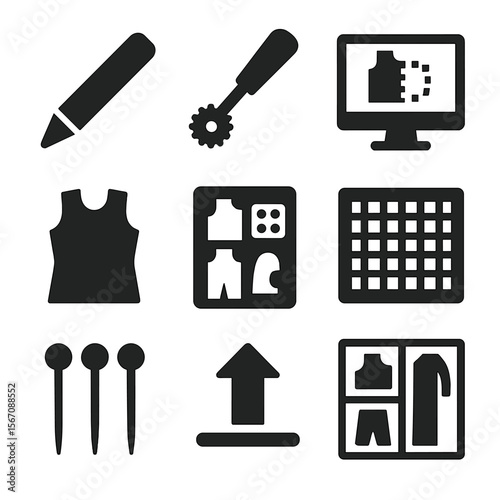 Pattern Tool Icons. Solid, filled icon set of pattern creation tools: fabric pencil, tracing wheel, pattern software, cutout