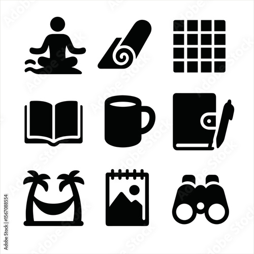 Peaceful Activities Icons. Solid, filled icon set of peaceful activities: beach meditation pose, yoga mat, picnic blanket, open