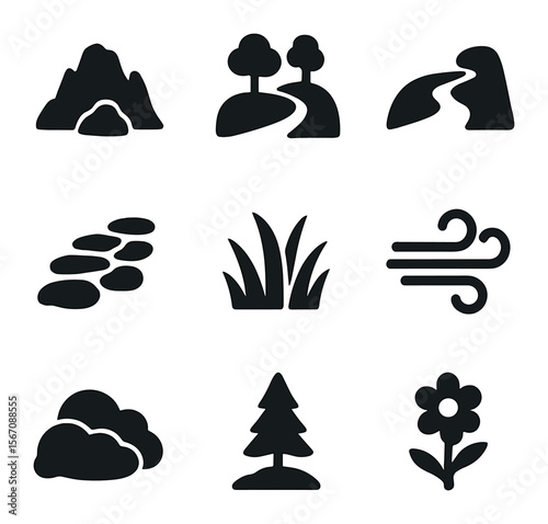 Highland Nature Icons. Solid, filled icons set of highland greenery: rugged hill, scattered trees, walking