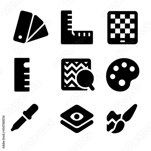 Pattern Tool Icons. Solid, filled icon set of pattern matching tools: swatch book, pattern ruler, digital pattern tablet, seam