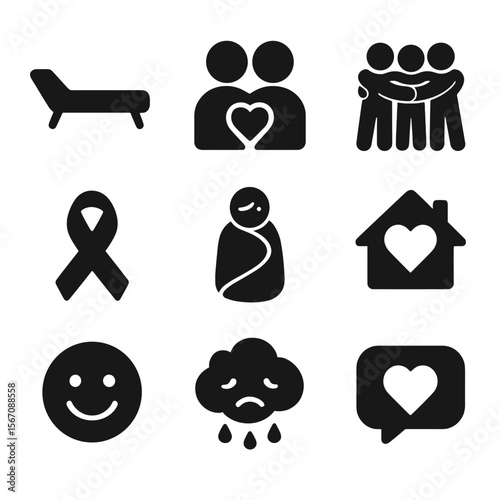 Mental Health Icons. Solid, filled icon set of mental health peer support: therapy couch, empathy icon, group hug, mental health