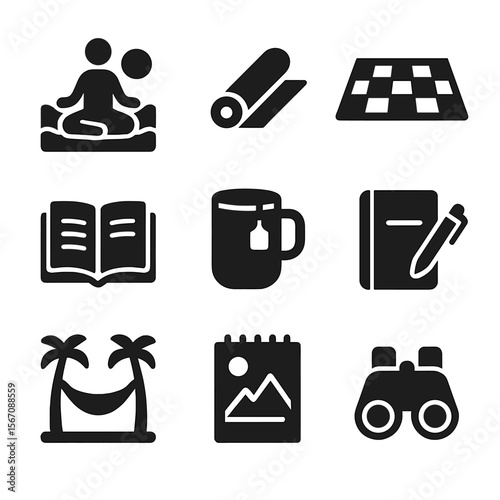 Peaceful Activities Icons. Solid, filled icon set of peaceful activities: beach meditation pose, yoga mat, picnic blanket, open