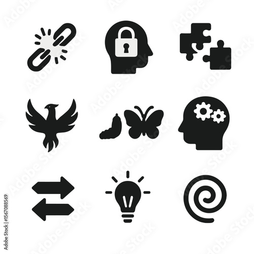 Mental Transformation Icons. Solid, filled icon set of mental transformation: broken chains, unlocking mind, puzzle pieces fitting